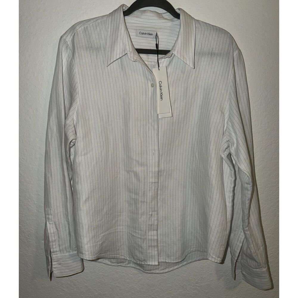 Calvin Klein Women’s Linen Blend Button Down Shirt White Large L NWT